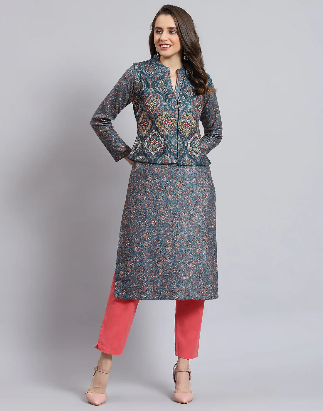 Women Teal Blue Printed Mandarin Collar Full Sleeve Kurtis Set - Image 3