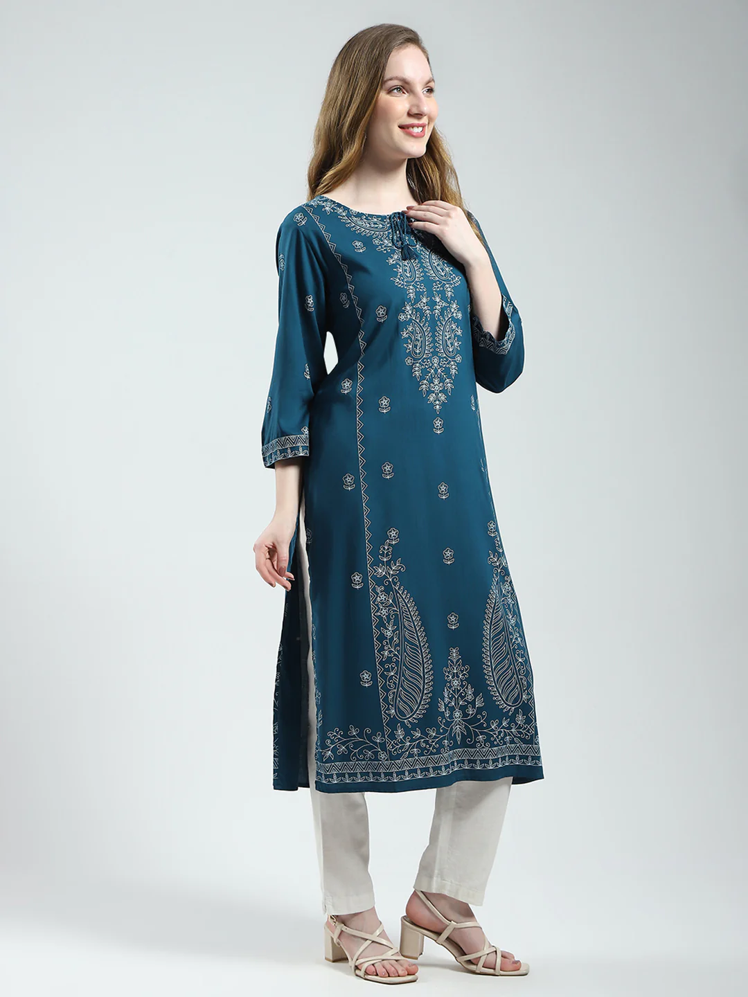 Women Teal Blue Printed Round Neck 3/4th Sleeve Kurti - Image 4