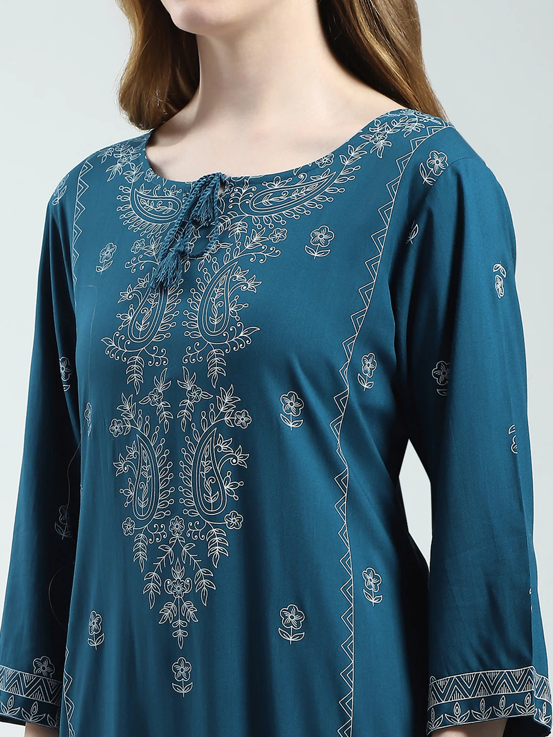 Women Teal Blue Printed Round Neck 3/4th Sleeve Kurti - Image 6