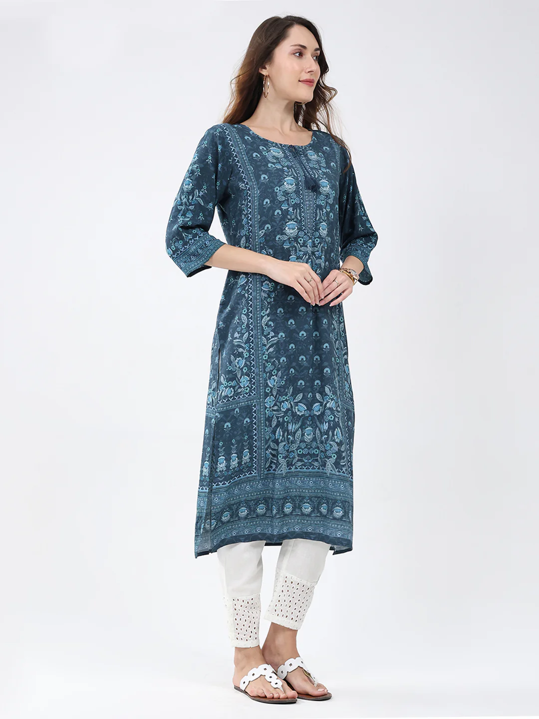 Women Teal Blue Printed Round Neck 3/4th Sleeve Winter Kurti - Image 4