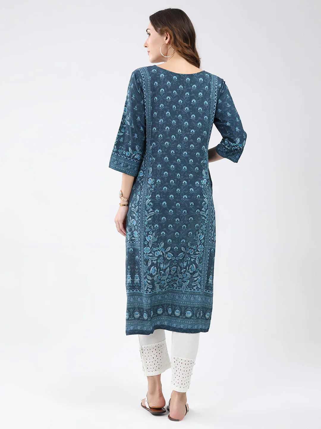 Women Teal Blue Printed Round Neck 3/4th Sleeve Winter Kurti - Image 5