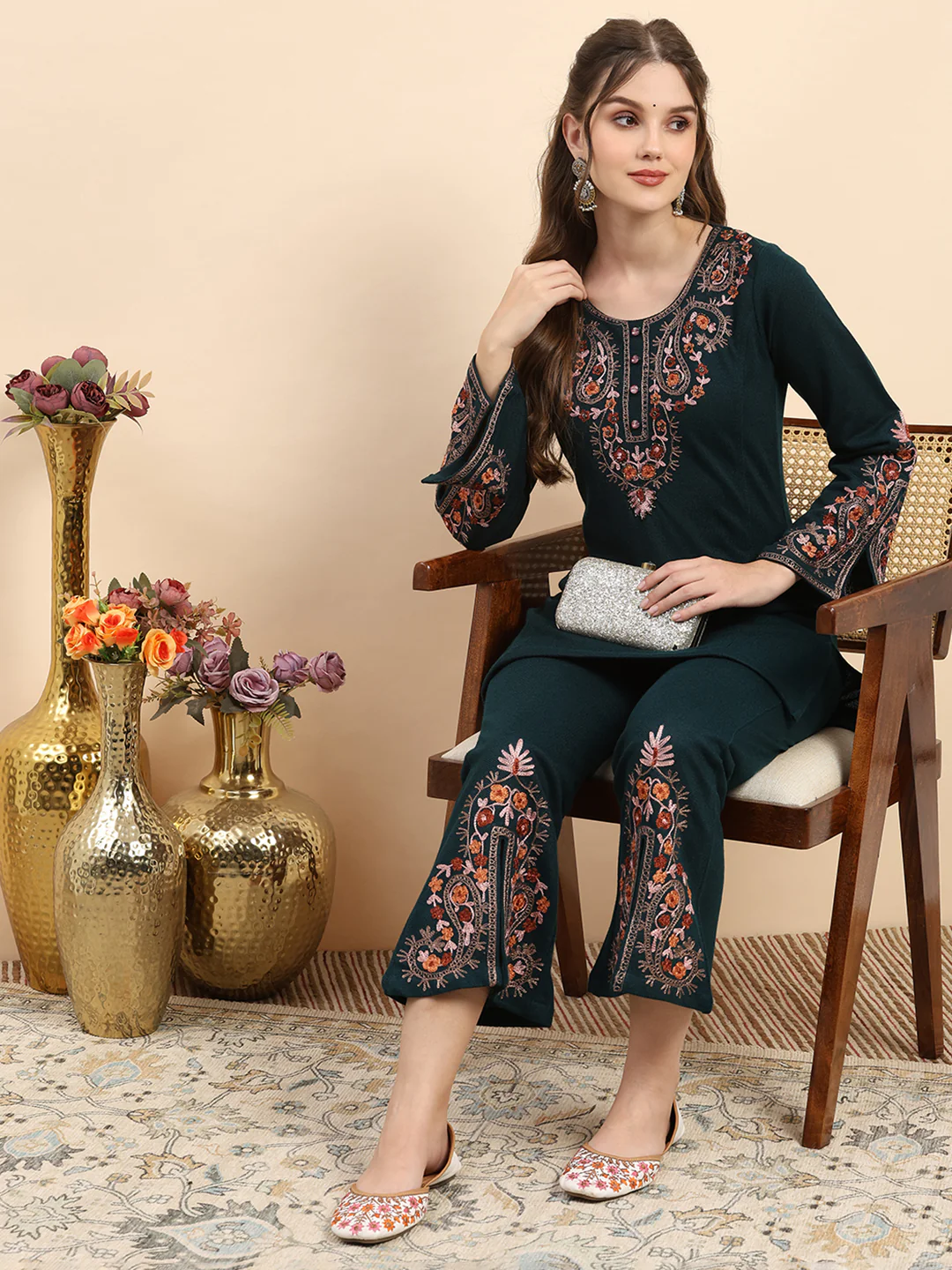 Women Teal Blue Printed Round Neck Full Sleeve Kurti Set for Winter - Image 2
