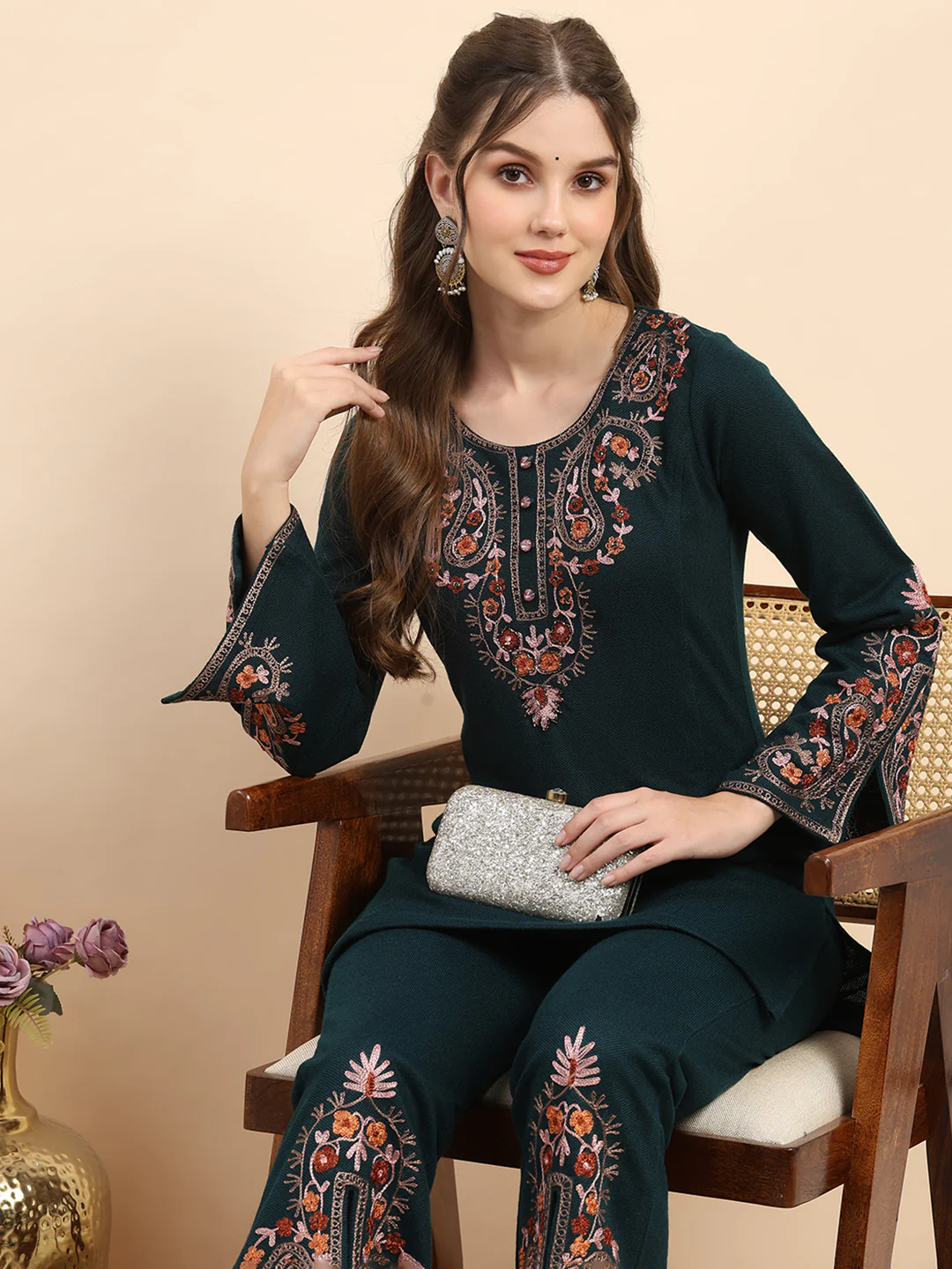 Women Teal Blue Printed Round Neck Full Sleeve Kurti Set for Winter - Image 6