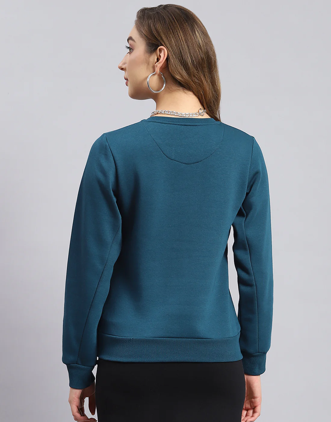 Women Teal Blue Printed Round Neck Full Sleeve Sweatshirt - Image 6