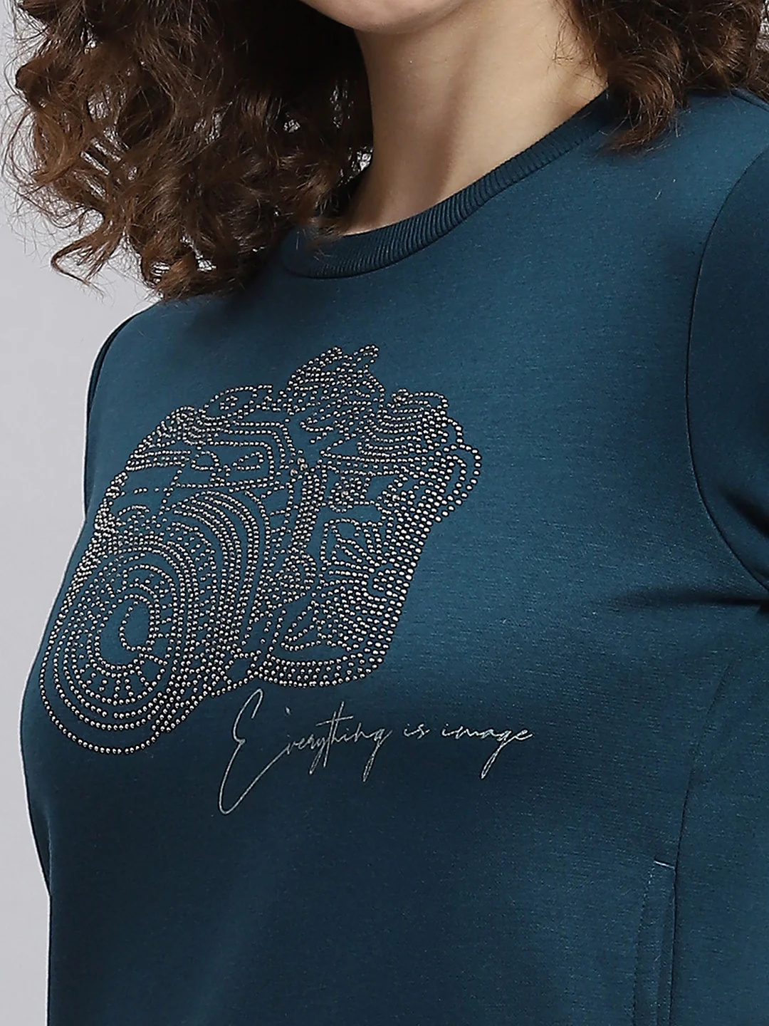 Women Teal Blue Printed Round Neck Full Sleeve Sweatshirt - Image 6