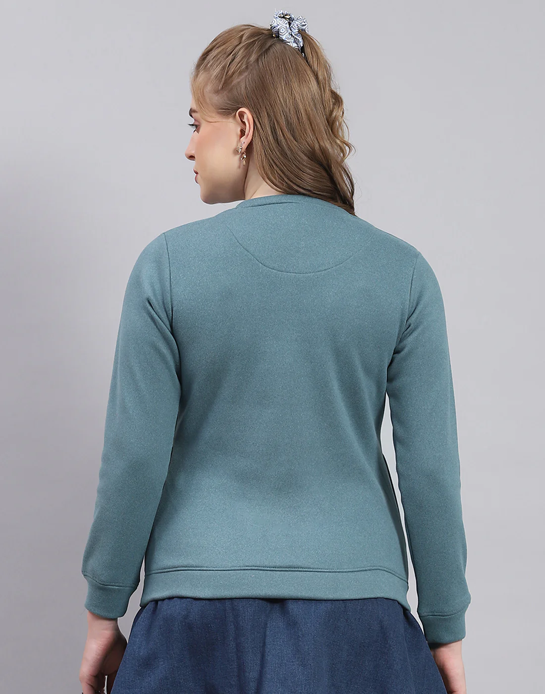 Women Teal Blue Printed Round Neck Full Sleeve Sweatshirt - Image 6