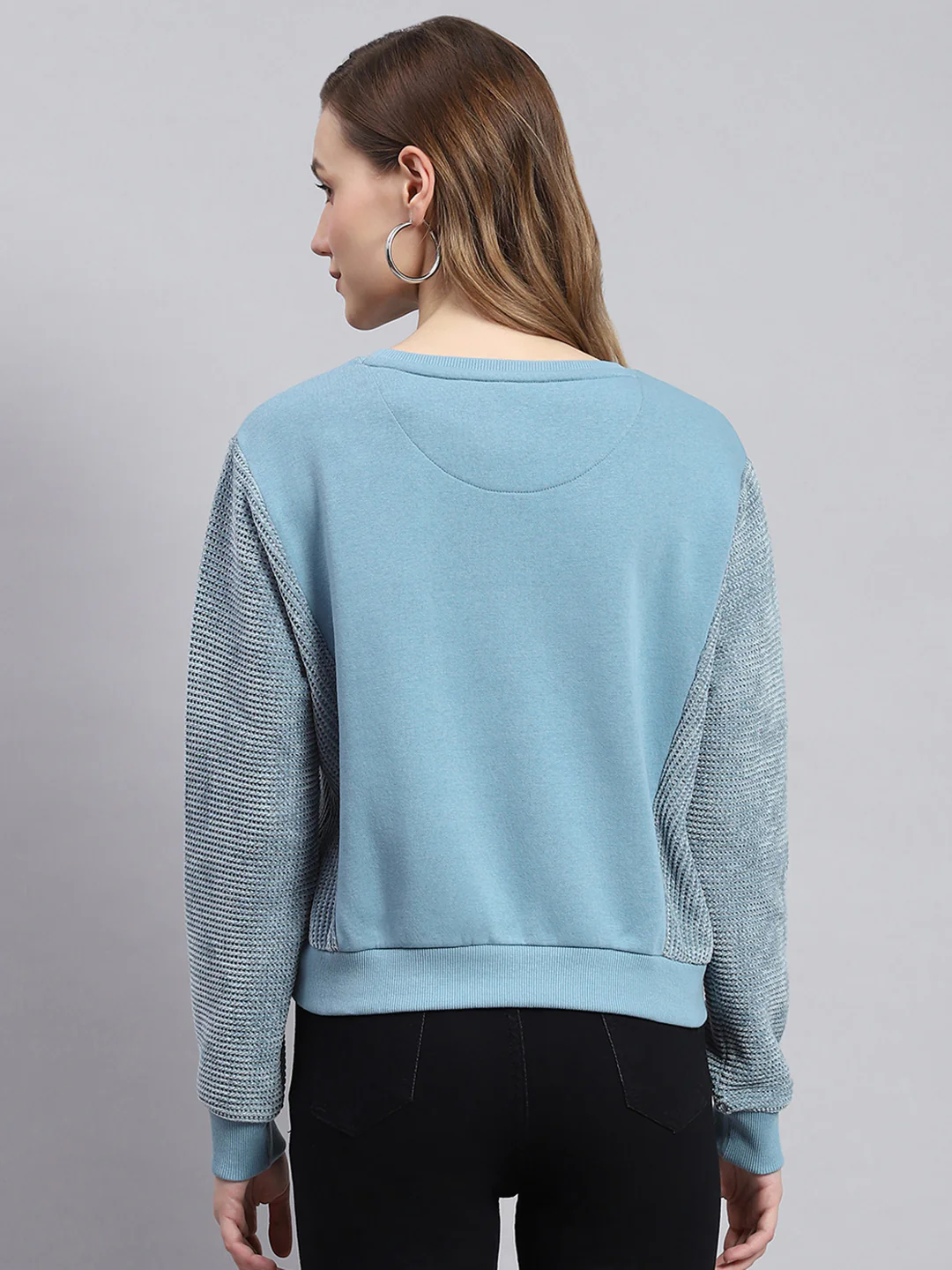 Women Teal Blue Printed Round Neck Full Sleeve Sweatshirts - Image 5