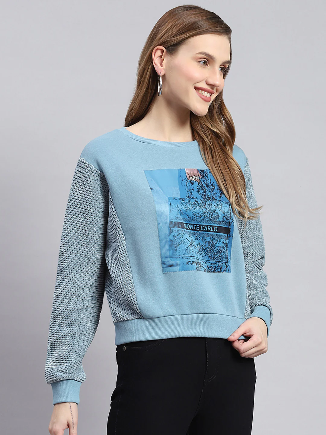 Women Teal Blue Printed Round Neck Full Sleeve Sweatshirts - Image 6