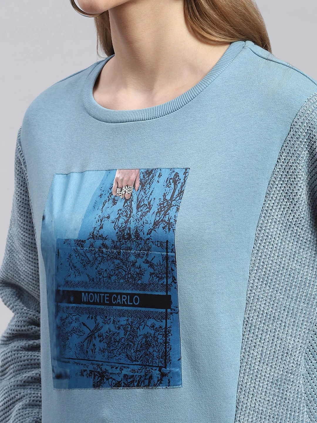 Women Teal Blue Printed Round Neck Full Sleeve Sweatshirts - Image 7