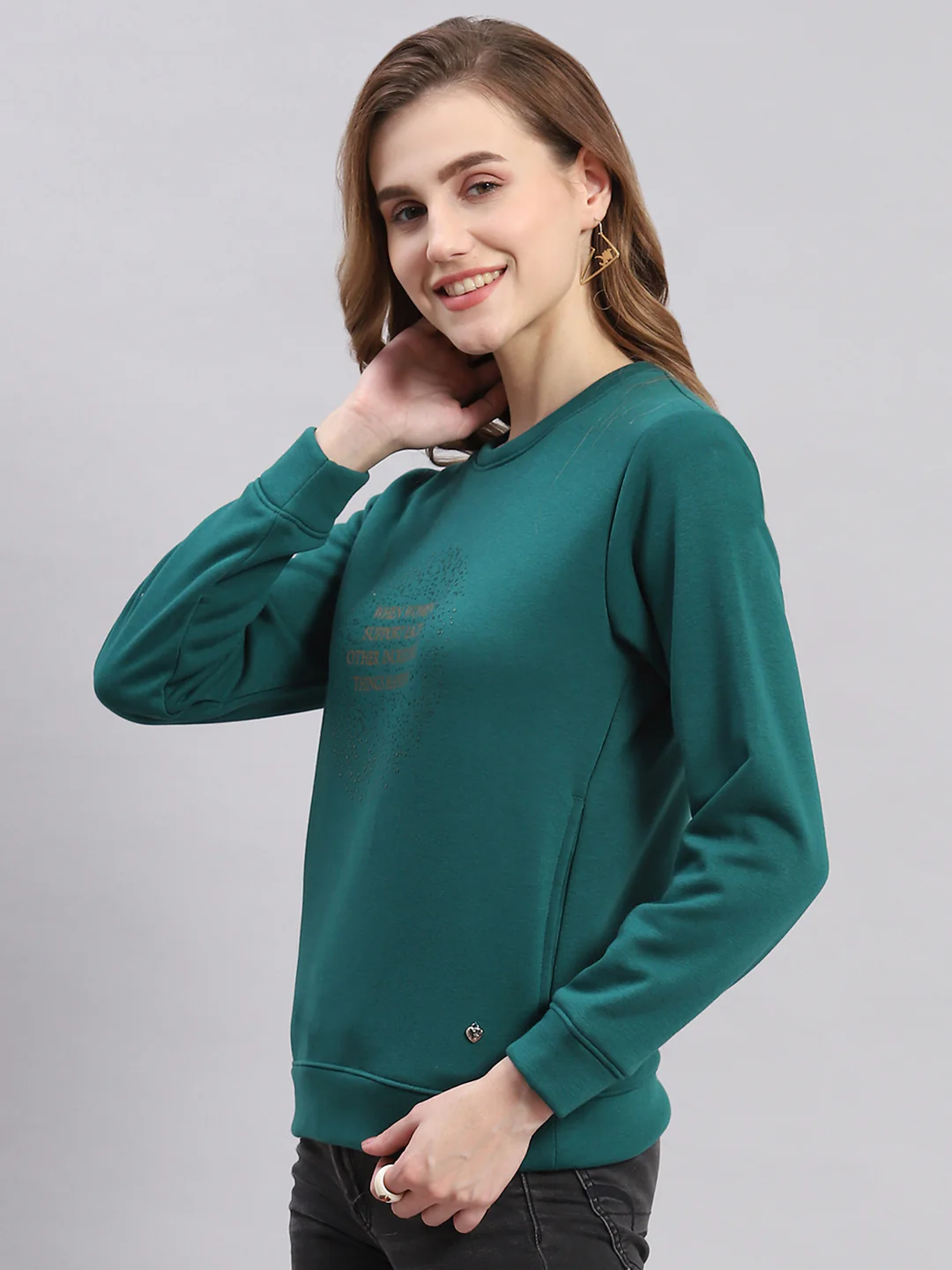 Women Teal Blue Printed Round Neck Full Sleeve Sweatshirts - Image 3