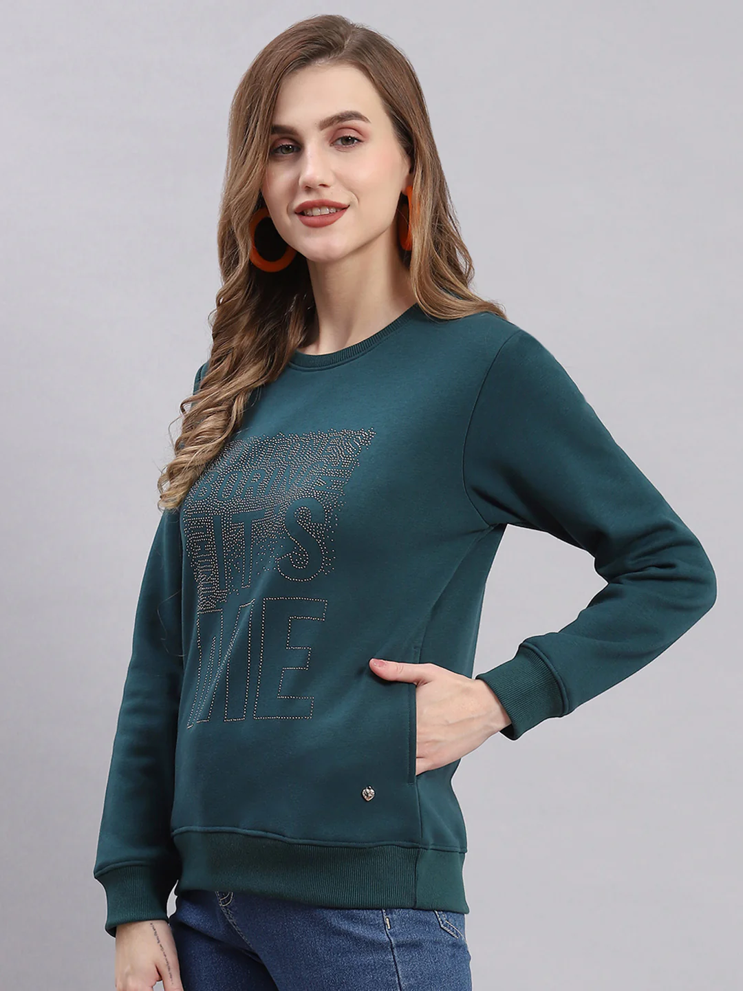 Women Teal Blue Printed Round Neck Full Sleeve Sweatshirts - Image 3