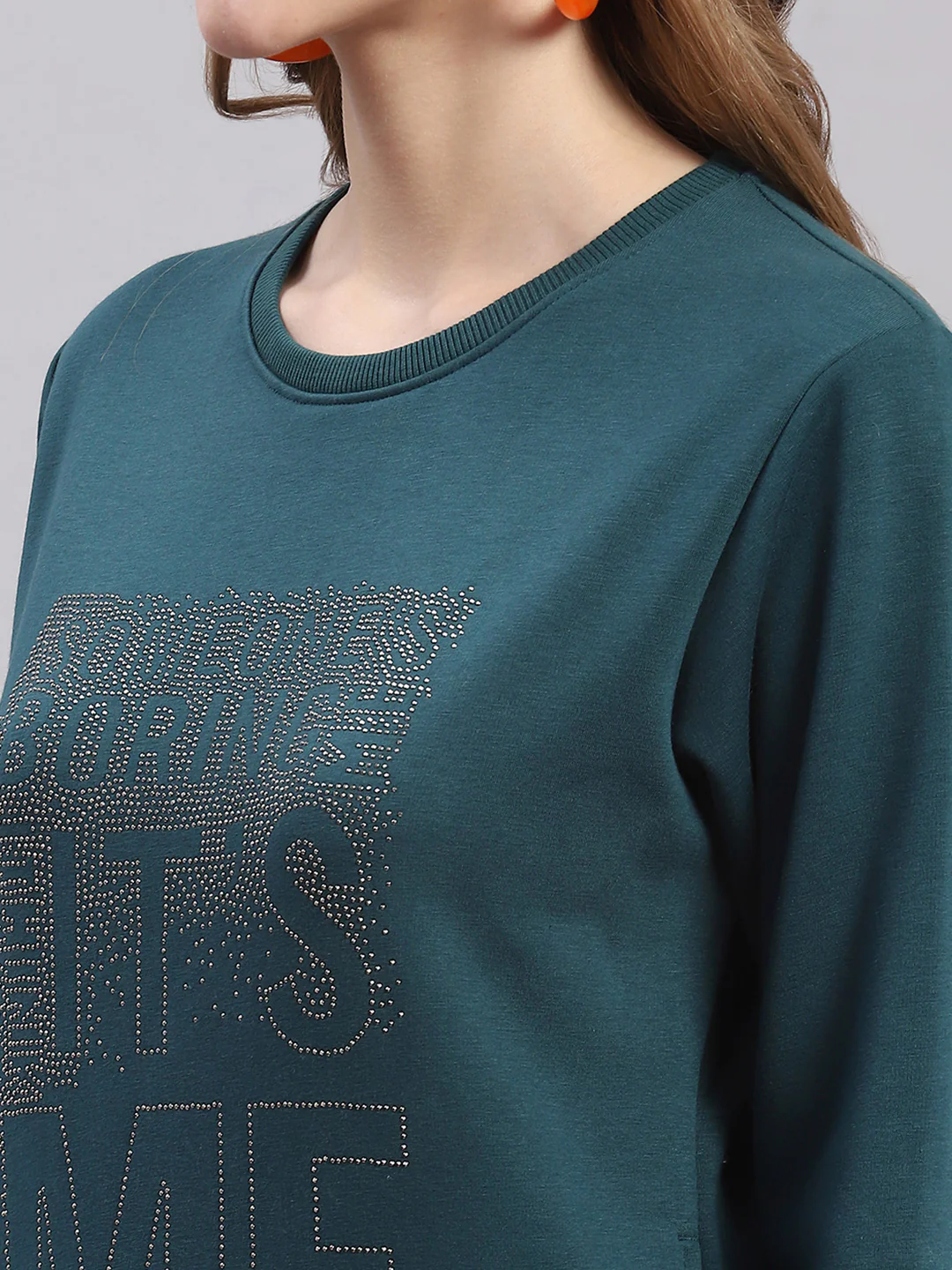 Women Teal Blue Printed Round Neck Full Sleeve Sweatshirts - Image 6