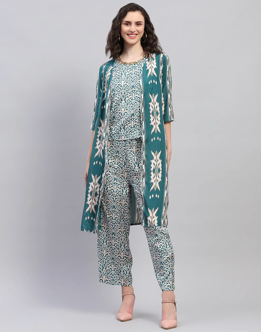 Women Teal Blue Printed Round Neck Half Sleeve Combo 3Pc Set - Image 3