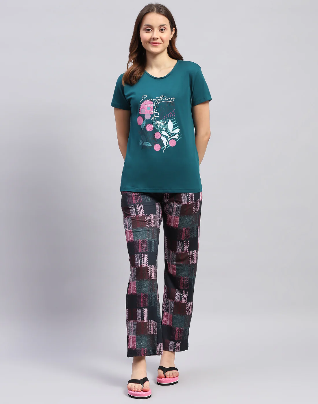 Women Teal Blue Printed Round Neck Half Sleeve Lower Set - Image 2