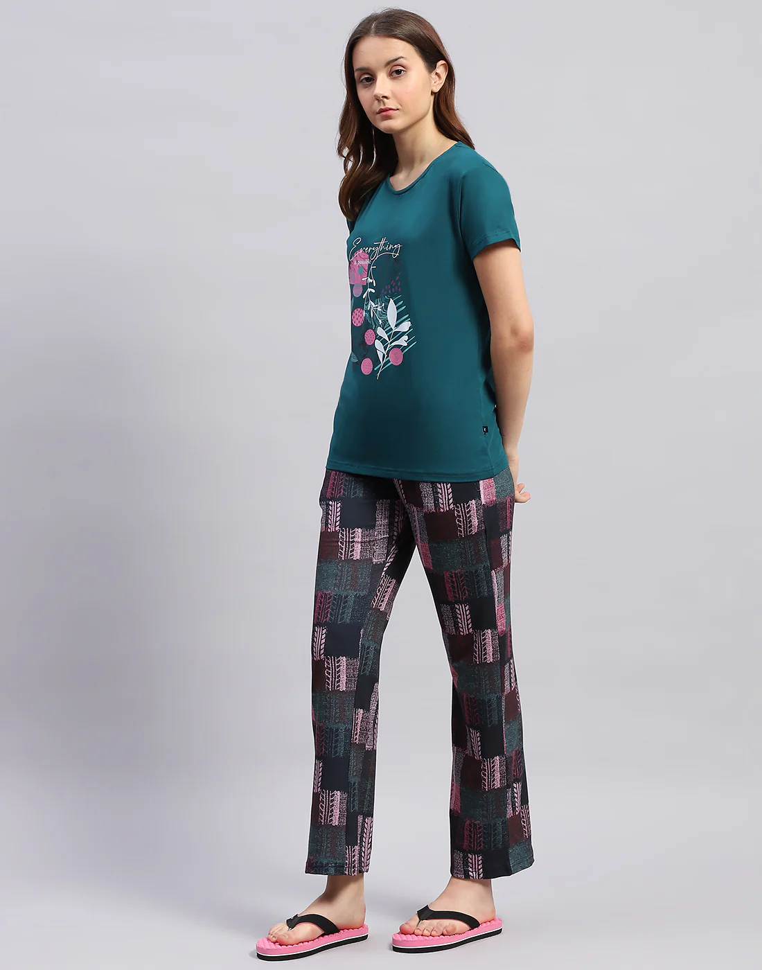 Women Teal Blue Printed Round Neck Half Sleeve Lower Set - Image 3