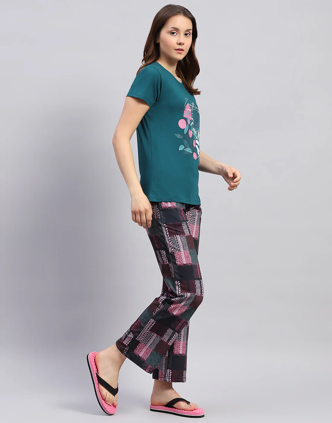 Women Teal Blue Printed Round Neck Half Sleeve Lower Set - Image 4