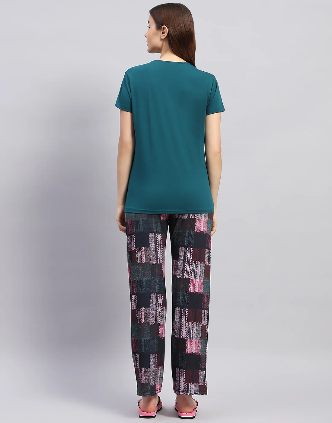 Women Teal Blue Printed Round Neck Half Sleeve Lower Set - Image 5