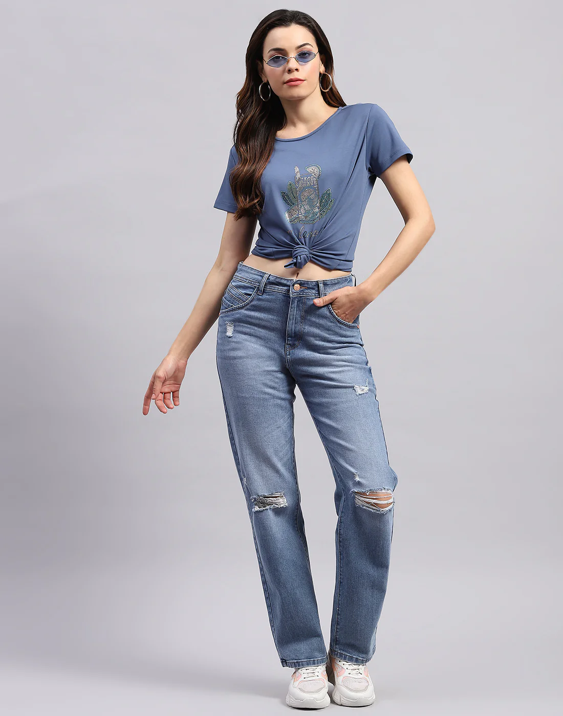 Women Teal Blue Printed Round Neck Half Sleeve Top - Image 2