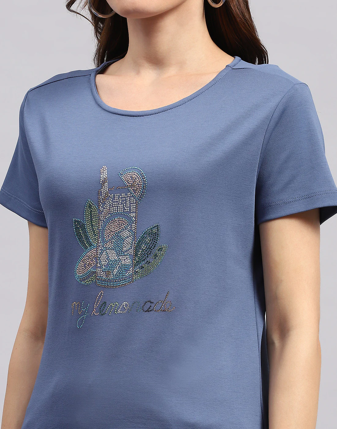 Women Teal Blue Printed Round Neck Half Sleeve Top - Image 6