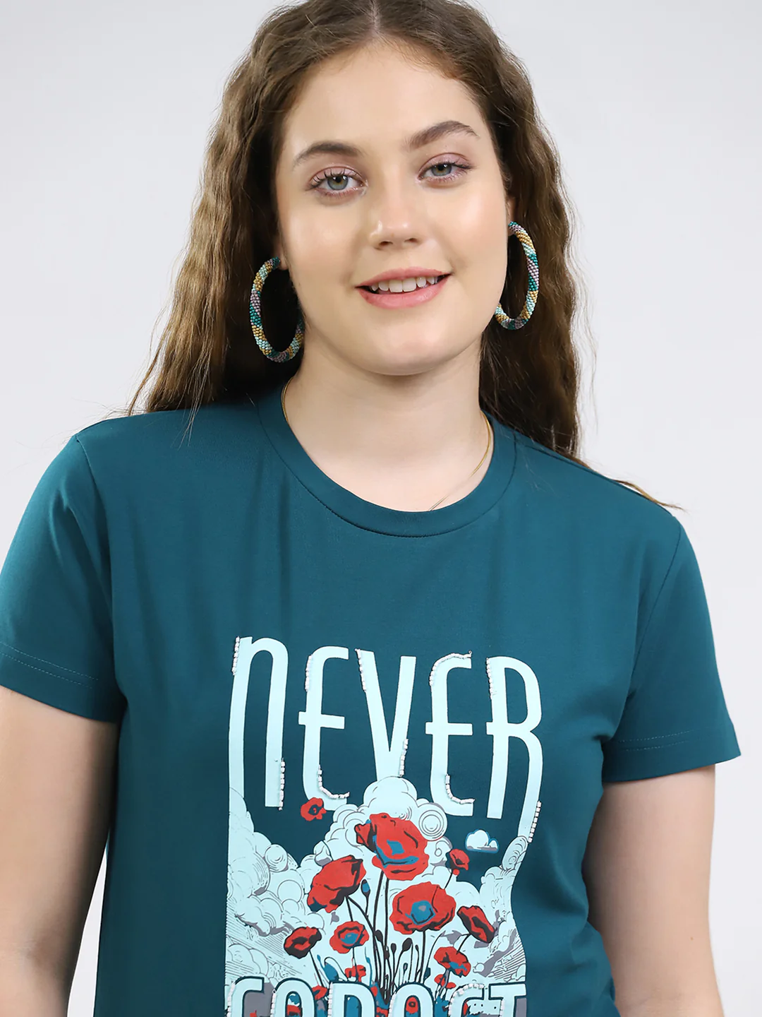 Women Teal Blue Printed Round Neck Half Sleeve Top - Image 6