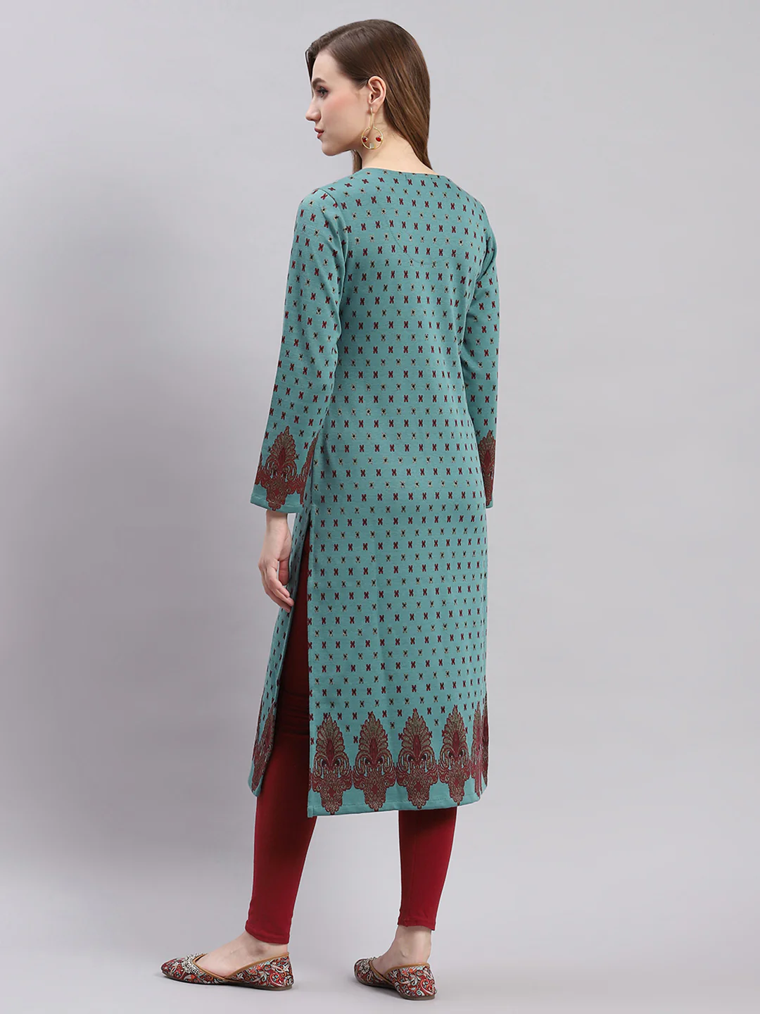 Women Teal Blue Printed V Neck Full Sleeve Kurtis - Image 5