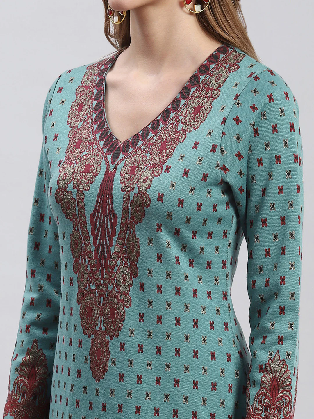 Women Teal Blue Printed V Neck Full Sleeve Kurtis - Image 6