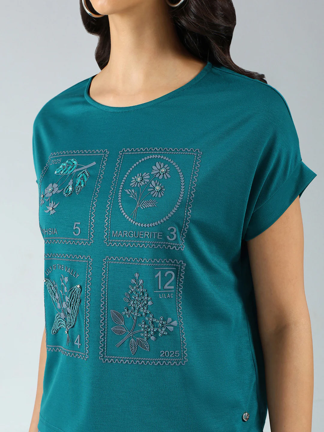 Women Teal Blue Printed Round Neck Half Sleeve Top - Image 7