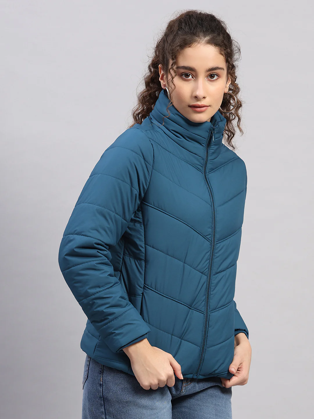 Women Teal Blue Self Design Collar Full Sleeve Jacket - Image 4