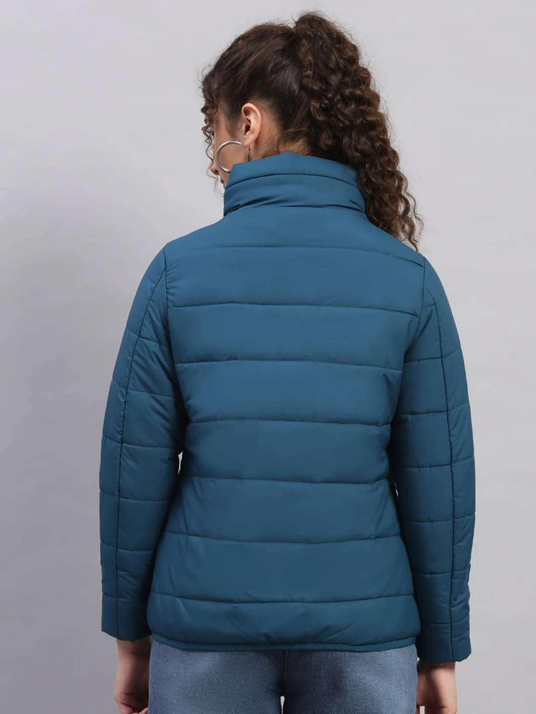 Women Teal Blue Self Design Collar Full Sleeve Jacket - Image 5