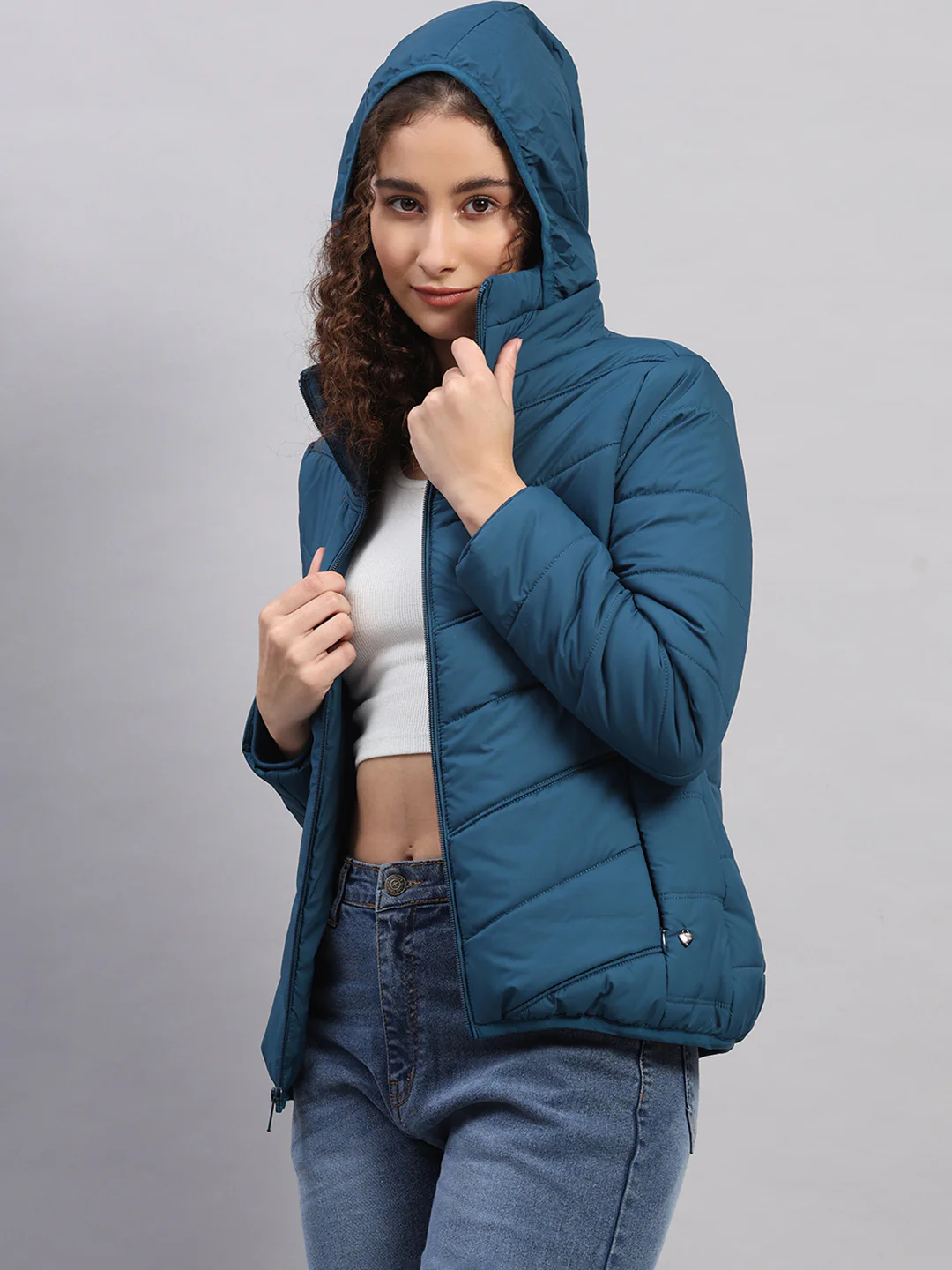 Women Teal Blue Self Design Collar Full Sleeve Jacket - Image 6