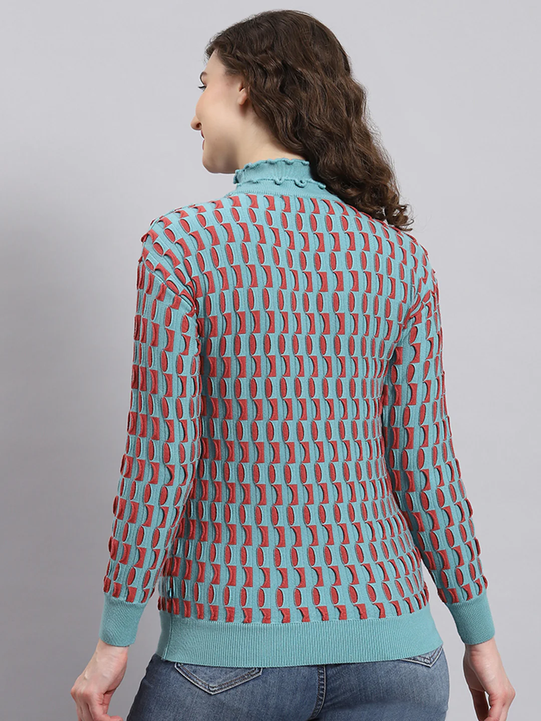 Women Teal Blue Self Design H Neck Full Sleeve Sweatshirt - Image 4