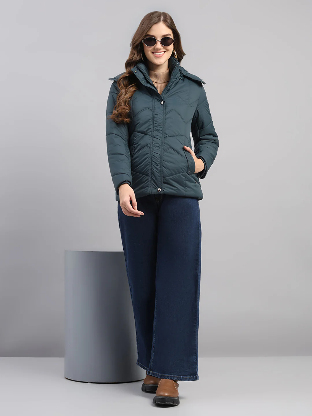 Women Teal Blue Self Design Hooded Full Sleeve Jacket - Image 2