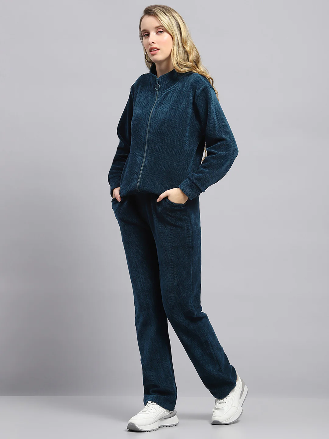 Women Teal Blue Self Design Mock Neck Full Sleeve Tracksuit - Image 3