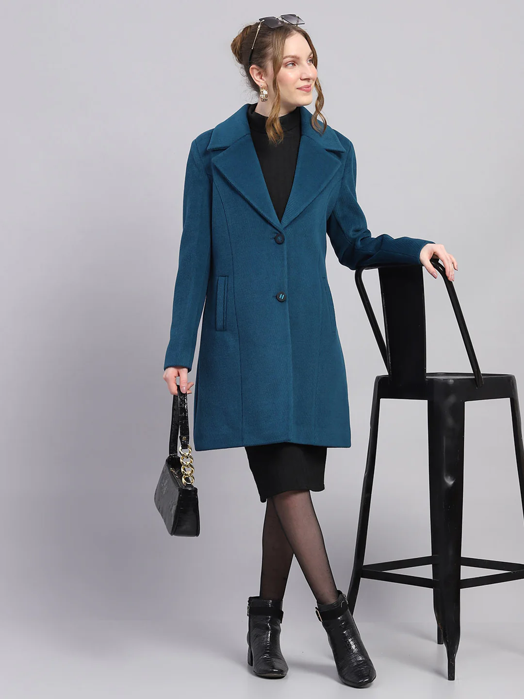 Women Teal Blue Self Design Notch lapel Collar Full Sleeve Coat - Image 2