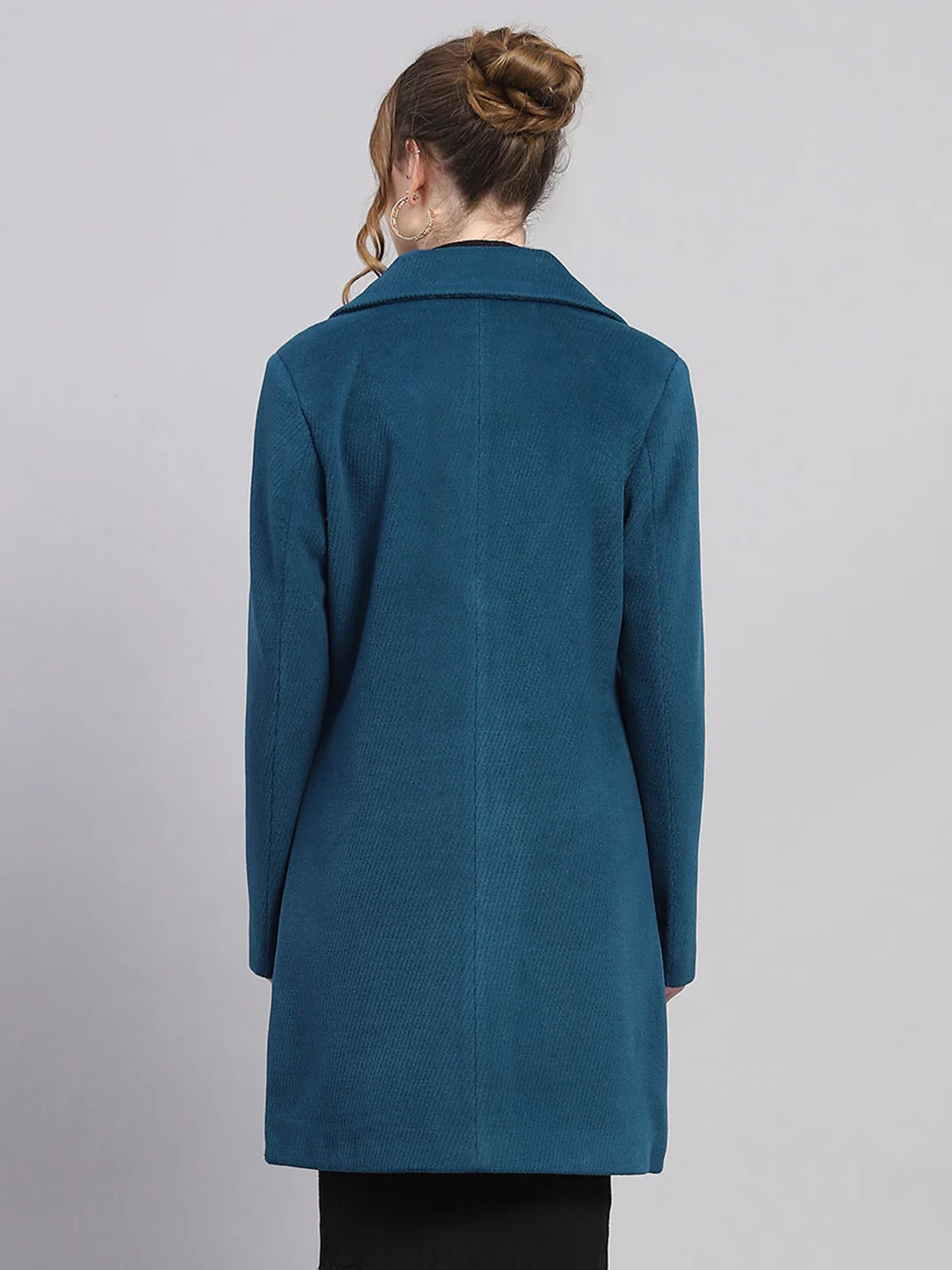 Women Teal Blue Self Design Notch lapel Collar Full Sleeve Coat - Image 5