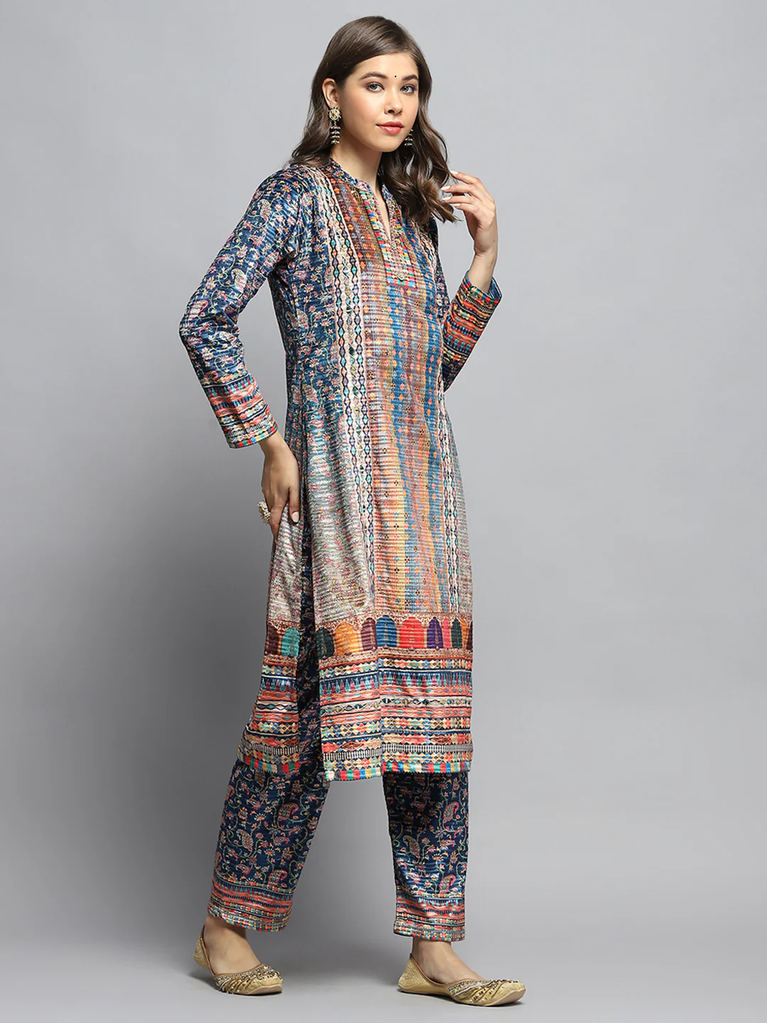 Women Teal Blue Self Design Round Neck Full Sleeve Kurti Set with Bag - Image 6