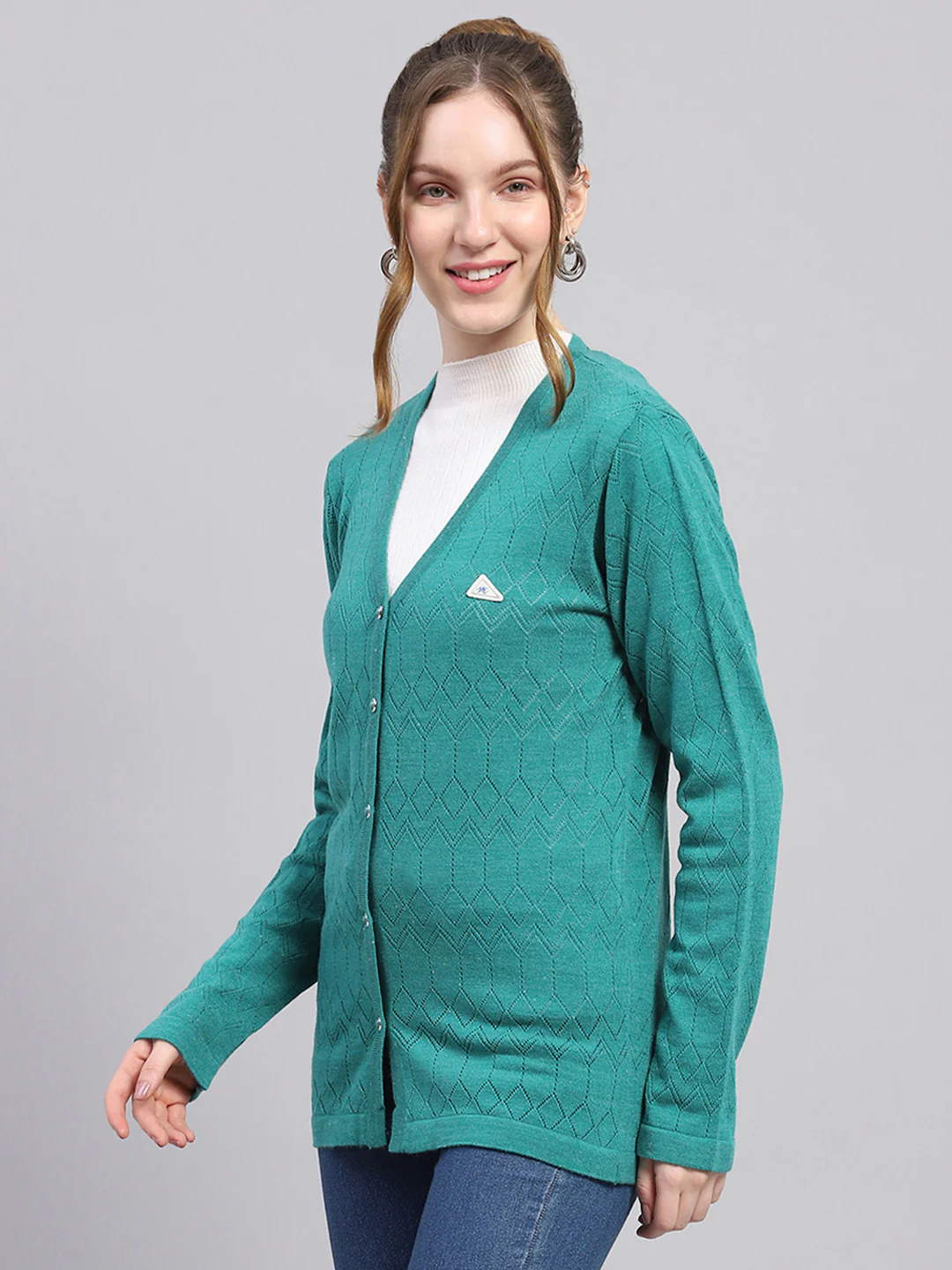 Women Teal Blue Self Design V Neck Full Sleeve Cardigan - Image 3
