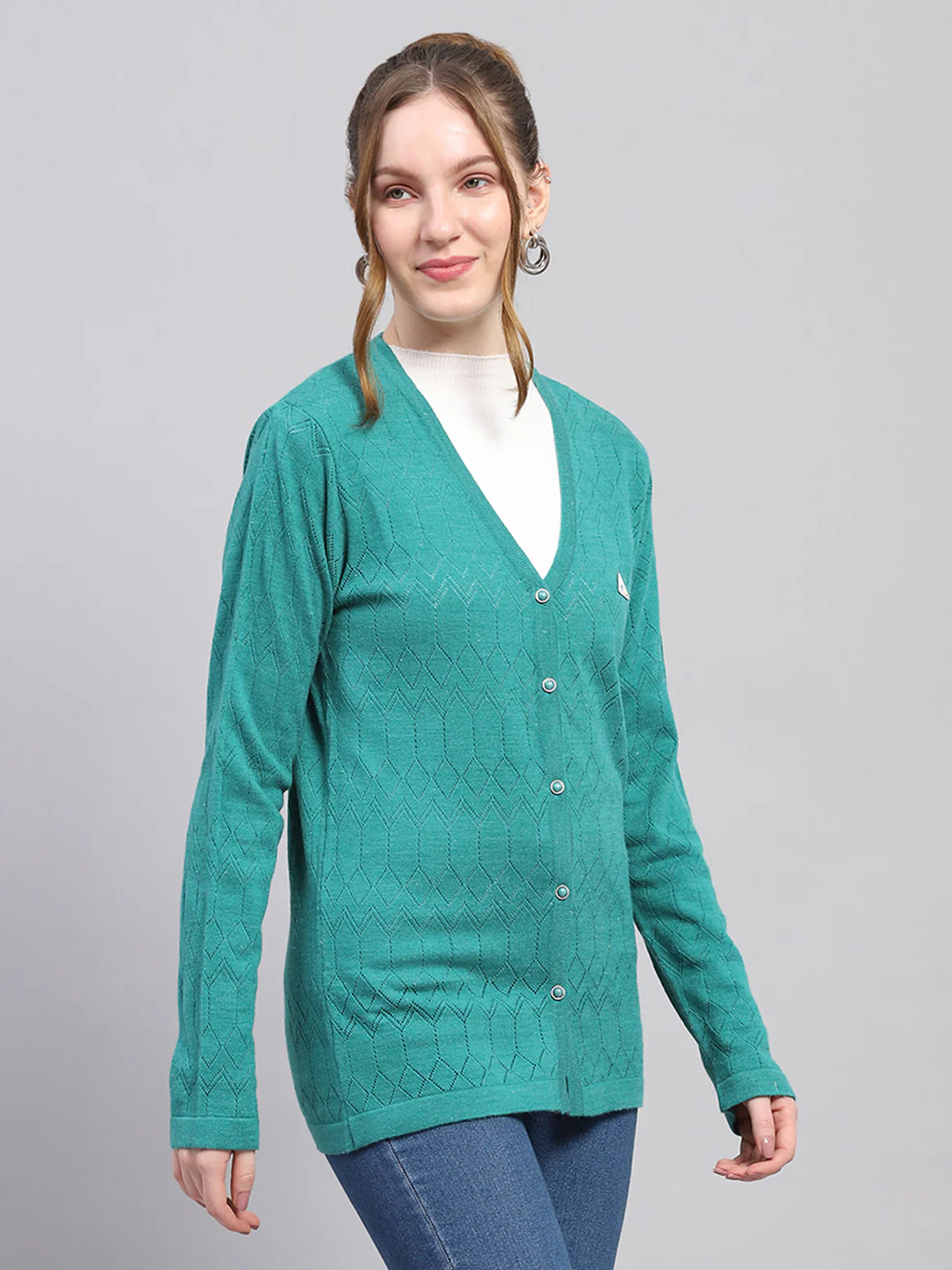 Women Teal Blue Self Design V Neck Full Sleeve Cardigan - Image 4