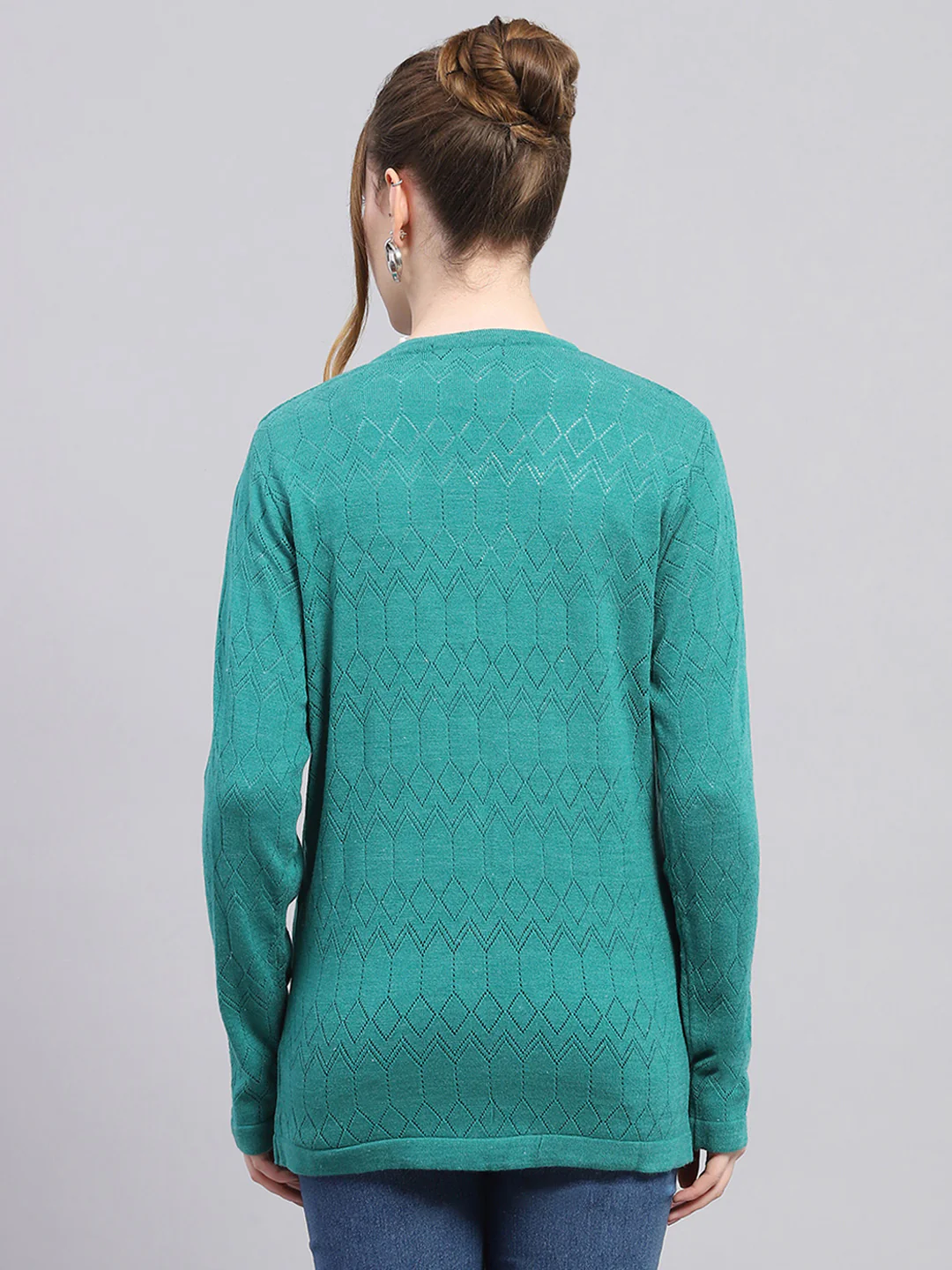 Women Teal Blue Self Design V Neck Full Sleeve Cardigan - Image 5