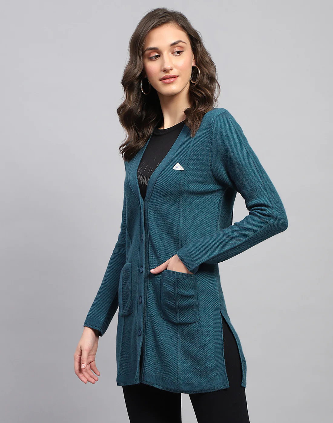 Women Teal Blue Self Design V Neck Full Sleeve Cardigan - Image 4