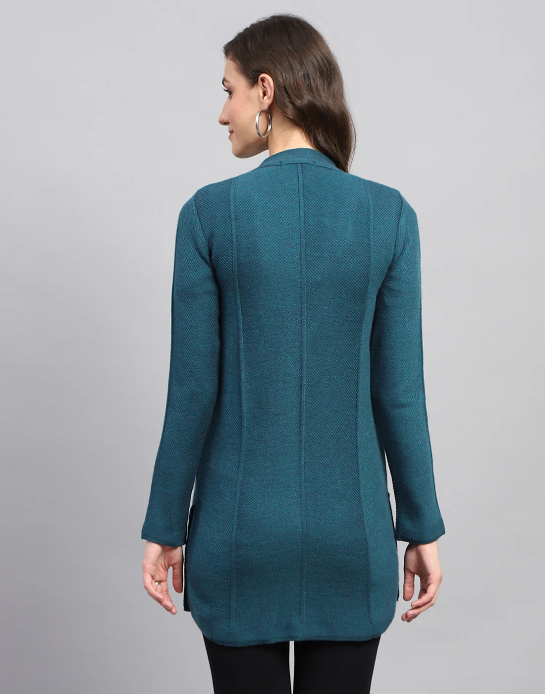 Women Teal Blue Self Design V Neck Full Sleeve Cardigan - Image 6