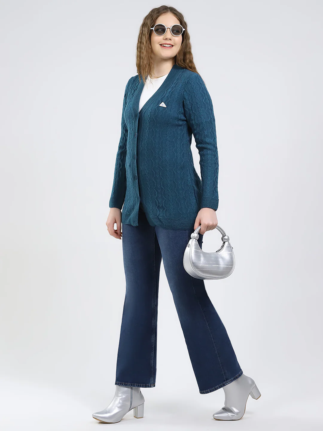 Women Teal Blue Self Design V Neck Full Sleeve Cardigan - Image 2