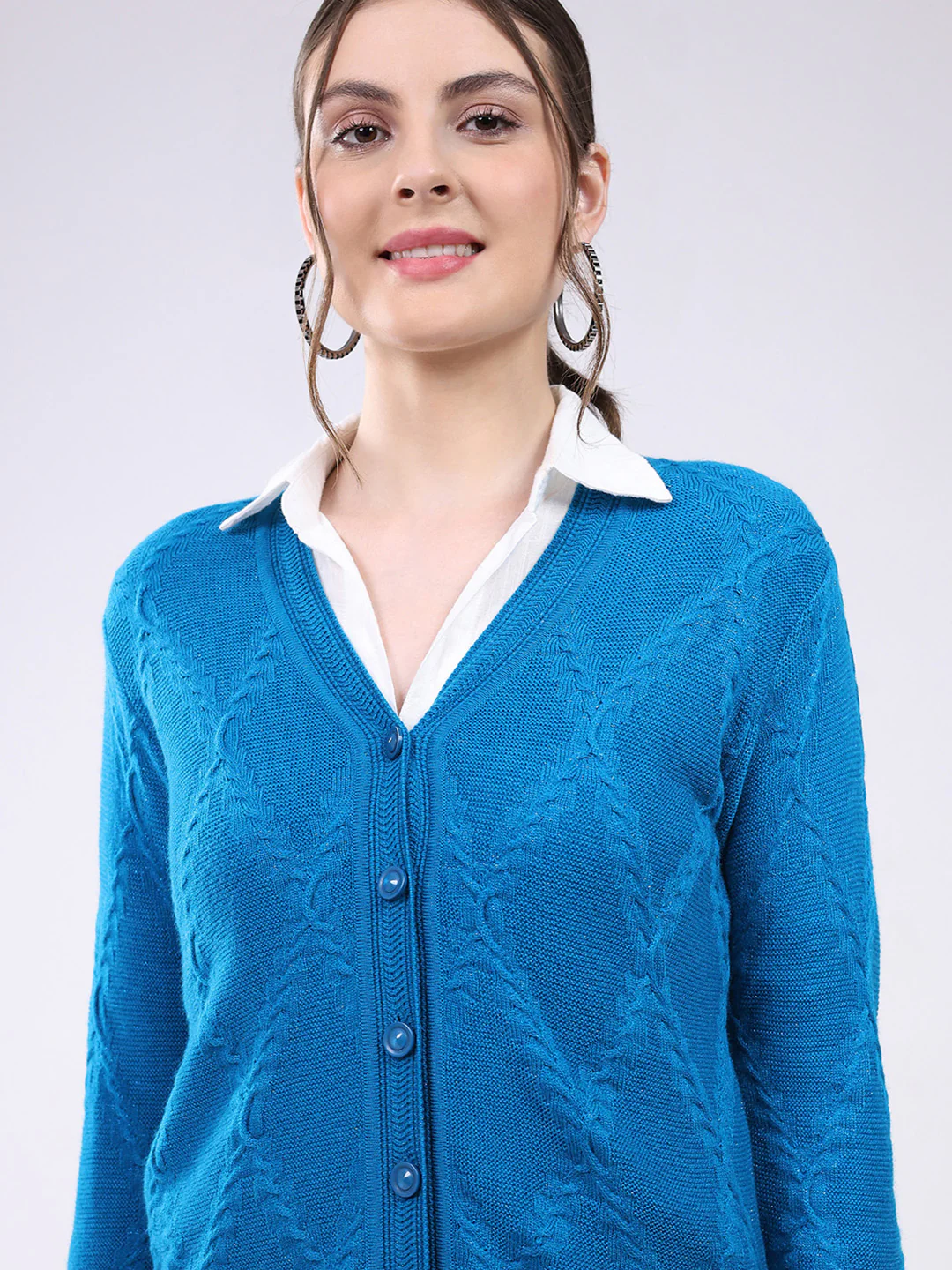 Women Teal Blue Self Design V Neck Full Sleeve Cardigan - Image 6