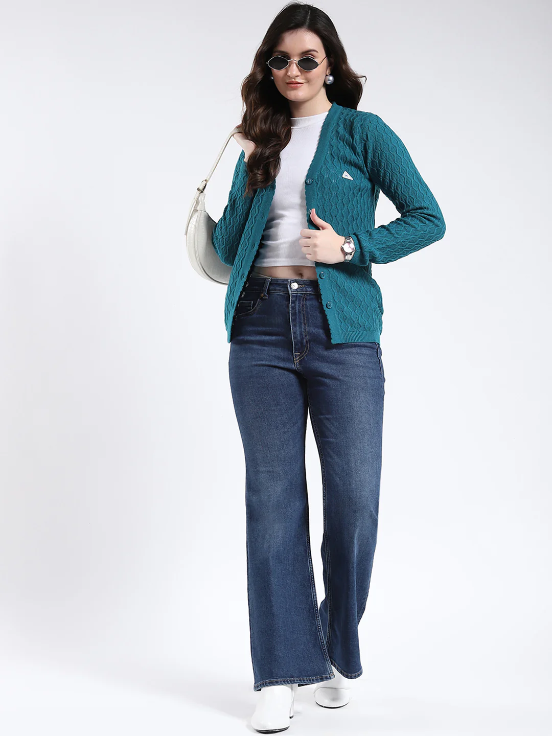 Women Teal Blue Self Design V Neck Full Sleeve Cardigan - Image 2