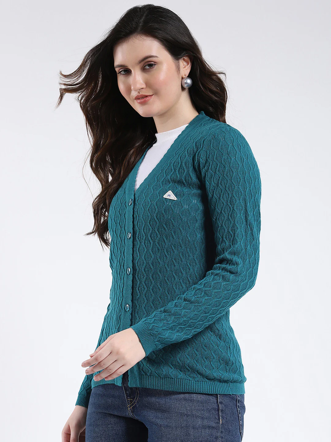 Women Teal Blue Self Design V Neck Full Sleeve Cardigan - Image 3