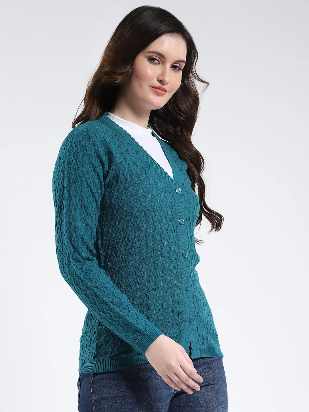 Women Teal Blue Self Design V Neck Full Sleeve Cardigan - Image 4