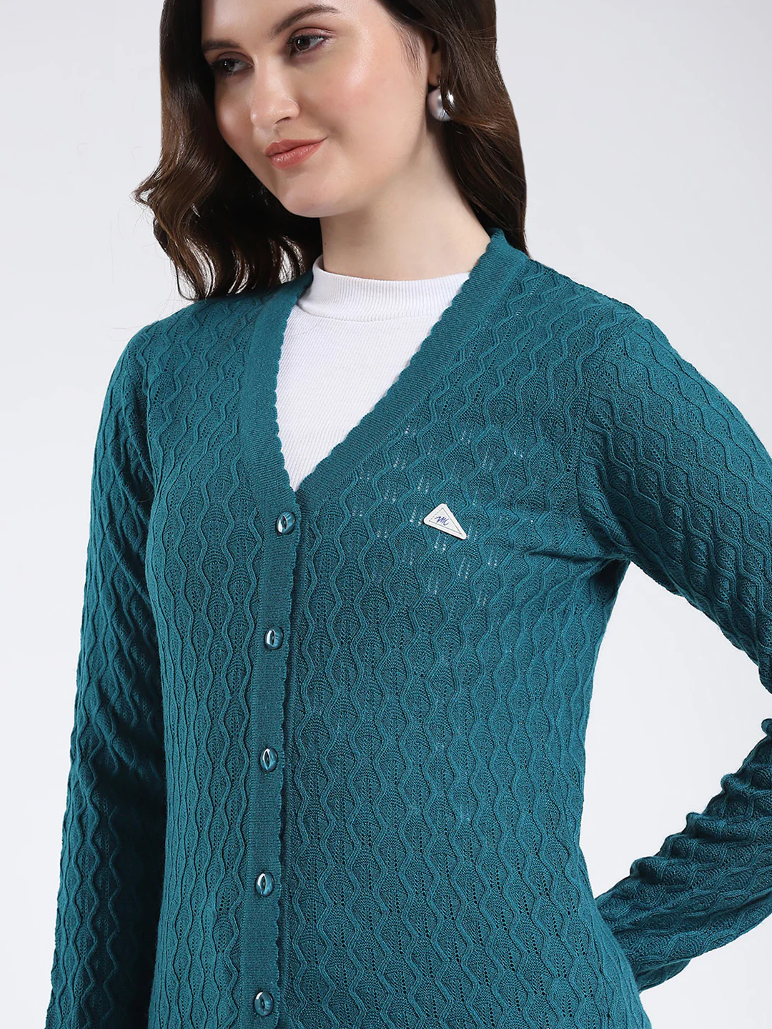 Women Teal Blue Self Design V Neck Full Sleeve Cardigan - Image 6