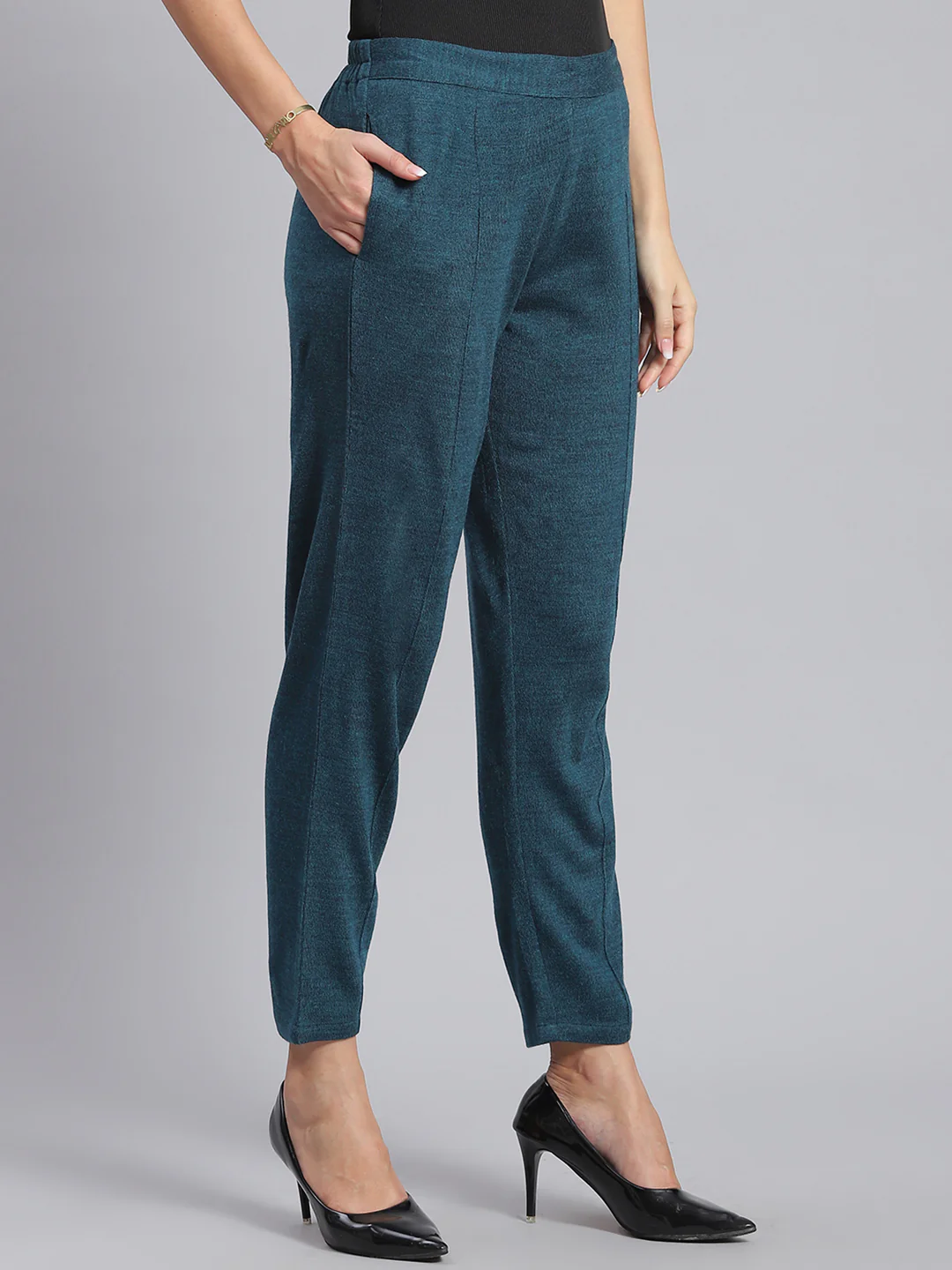Women Teal Blue Self Design Regular Fit Winter Lowers - Image 4