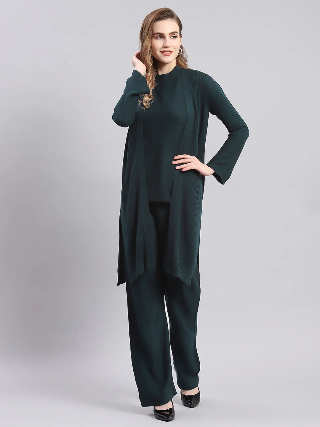 Women Teal Blue Self Design Round Neck Full Sleeve Cords Set - Image 2