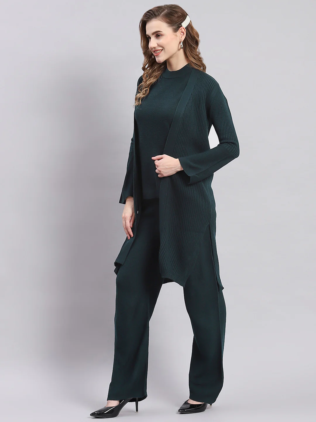 Women Teal Blue Self Design Round Neck Full Sleeve Cords Set - Image 3